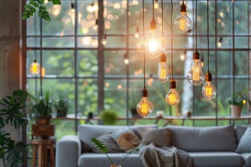 Bright interior with hanging light bulbs and warm sunset glow, creating cozy atmosphere. modern design features spacious layout and soft furnishings