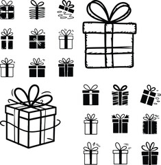 Gift with Bow Doodle Sketch | Present Outline Silhouette Set Hand Drawn Gift Box Outline | Bow & Ribbon Silhouette Collection

