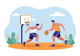 Two basketball players competing on an outdoor court. Sport, competition, and teamwork concept
