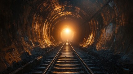 Naklejka premium A chilling, dark tunnel with a train track, the track stretches far into the blackness.