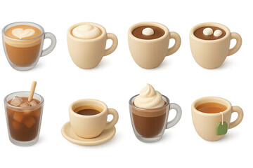 Cozy coffee cup icons set: 3d depiction of varieties and styles