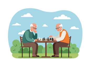 Two senior men playing a game of chess outdoors in a park. Leisure, retirement, and mental activity concept
