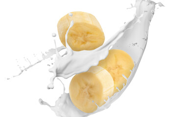 Splash of milk with banana pieces in air on white background
