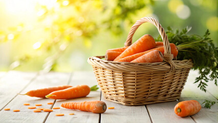 Carrots in basket in front view some carrots on table in garden with warm sunlight natural...