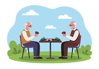 Illustration of elderly gentlemen playing bridge cards at a table in a park. Recreation, hobby, and social activity for seniors