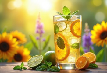 chilled refreshing beverage colorful citrus garnishes ice cubes mint sprigs summer drink vibrant fresh ingredients, refreshment, orange, lemon, fruit, clear