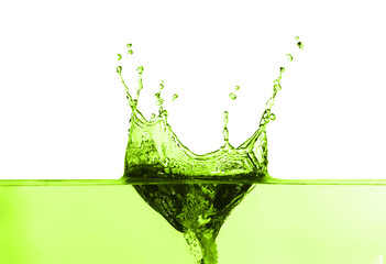 Beautiful green water splashing against white background
