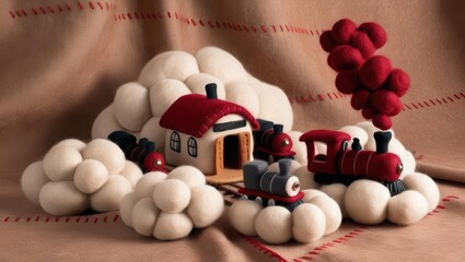 Obraz premium Toy Train's Delight: A whimsical scene unfolds, featuring charming toy trains, a quaint station, and fluffy cloud-like forms, all set against a backdrop of soft textures and subtle colors.