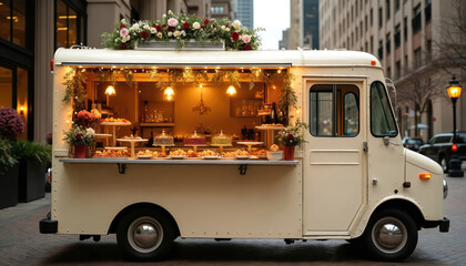 Cream food truck with classic decor serves luxurious appetizers champagne. Elegant wedding venue city street exterior. Modern urban construction business. Culinary event celebration. Catering. Food
