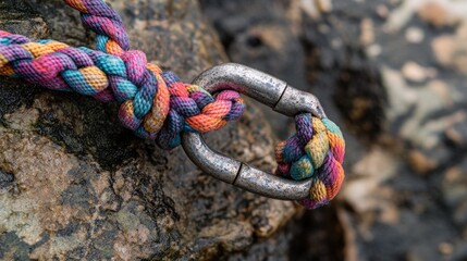 A carabiner securing a colorful climbing rope to a weathered harness --ar 16:9 --v 6.1 Job ID: 2ceed238-8357-440b-8fb9-e1e9f39bfde7