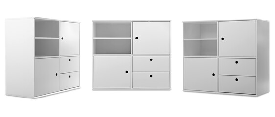 White shelving unit isolated on white, collage. Stylish furniture