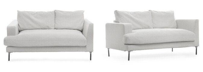 White sofa isolated on white, collage. Stylish furniture