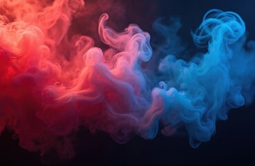 Obraz premium Abstract fog against black background with red and blue neon lights. Dynamic forms of smoke and vapor. Colourful vibrant effect. Ideal for tech, music, party, disco, club, art design.