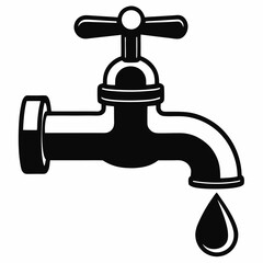 Black Faucet Water Tap Icon with Dripping Drop Symbol