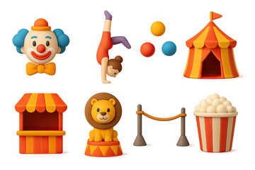 3D icon set of circus scene: clown, acrobat, juggling balls, circus tent, ticket booth, lion, tightrope, popcorn. 3d icon. Isolated