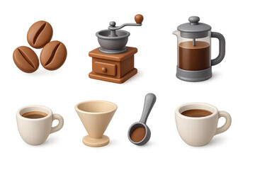 Obraz premium Coffee culture icons set in 3d style: beans, grinder, french press, cups, and more