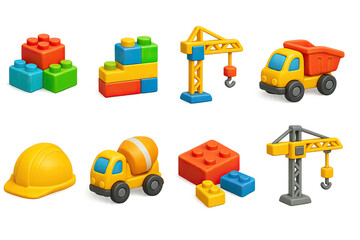 Fototapeta premium 3D icon set of construction professions: hard hat, hammer, blueprint, wrench, safety boots, measuring tape, level, drill. 3d icon. Isolated