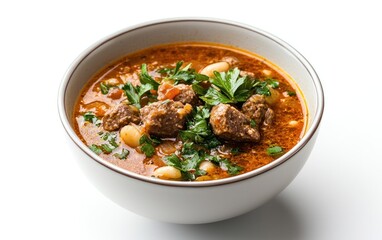 A bowl of hearty stew, featuring chunks of meat and white beans in a rich, reddish-brown broth. The stew is garnished with fresh parsley, and the bowl is set against a plain white background