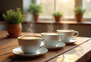 elegant ceramic coffee cups rising steam morning beverage warmth cozy kitchen atmosphere coffee art, drink, tableware, handmade, porcelain, texture, harmony
