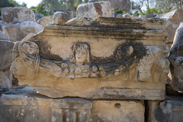 Ruins Myra Ancient City in Demre to Antalya, archaeology landmarks of Turkey. Remains of theatre in Myra, Greco-Roman ancient city in Antalya, Turkey.