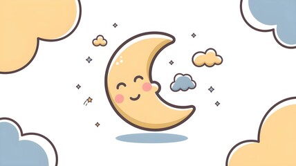 Naklejka premium Cute Cartoon Moon Night Sky Sleep Illustration.