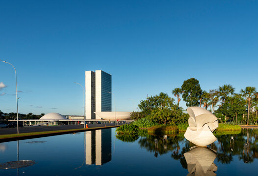 Federal District - Bras&iacute;lia - Brazil jun 07, 2015 building of the chamber of deputies reflecting in the lake of itamaraty palace.
