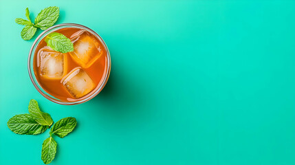 Iced Tea With Mint In Glass On Turquoise Background