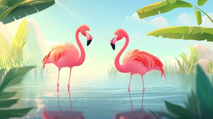 Obraz premium Two pink flamingos watercolor painting serene nature wildlife animal art print home decor