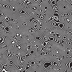 Black and white contour topographic seamless vector pattern with hypnotic swirl illusion lines