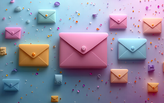 Colorful 3D mail icons envelopes and symbols on a pastel background
