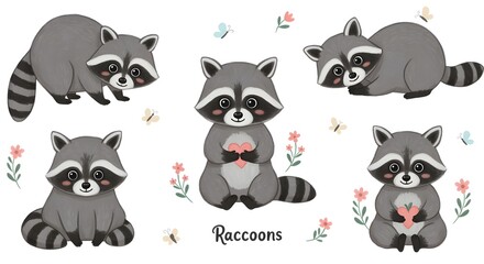 Cute Raccoon Clipart Set Cartoon Animals.