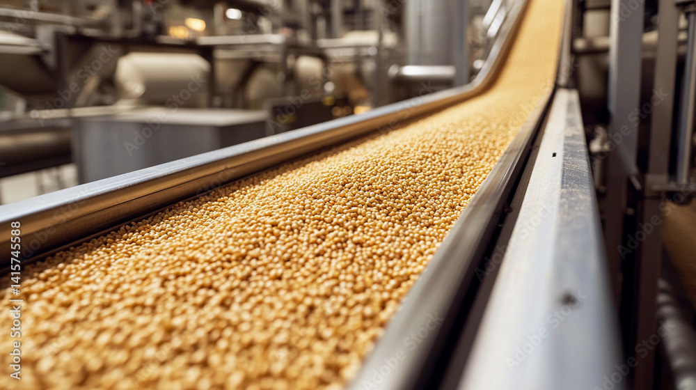 Poster conveyor belt transporting golden grains in industrial setting generative ai