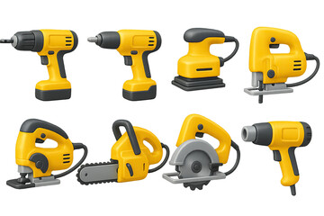 Fototapeta premium 3D icon set of electric power tools: drill, electric screwdriver, power sander, jigsaw, angle grinder, chainsaw, electric saw, heat gun. 3d icon. Isolated
