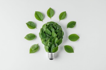 Eco concept with a light bulb made of green leaves on a white background, in a flat lay. Minimalist style for stock photo and web banner design.