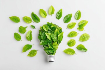 Eco concept with a light bulb made of green leaves on a white background, in a flat lay. Minimalist style for stock photo and web banner design.