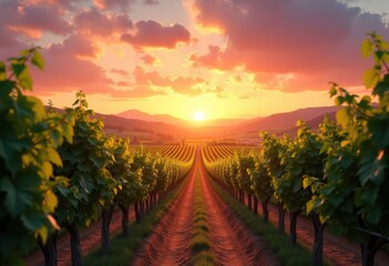 Naklejka premium vibrant grape vines sunset colors agriculture landscape nature fruit harvest vineyard scenery, foliage, plant, ripe, sky, nightfall, scenic, light, flora