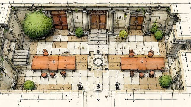 An ancient stone wall with a weathered blue door and broken windows defines the ruin of an old house in a European town A drawn architectural space contains columns, doorways, tables, chairs, and shru