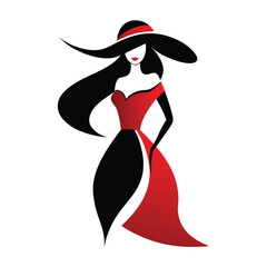 Elegant Woman in Red Dress and Wide Brim Hat Abstract Illustration