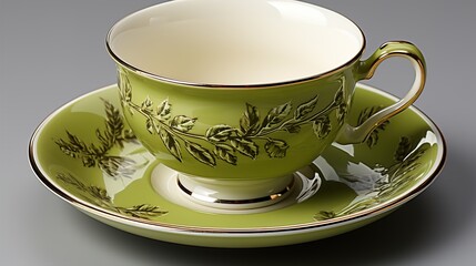 Fototapeta premium Green teacup with saucer and leaf design