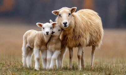 Obraz premium Mother sheep cuddles two lambs in field. Warm fur, rural scene, outdoor moment