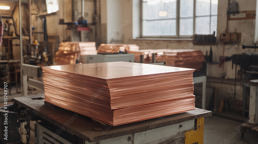 Aufkleber Stacked copper sheets in workshop setting with soft lighting Generative AI