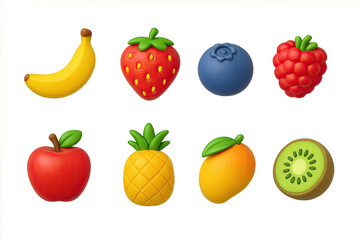 3D icon set of fruits: apple, banana, grape, orange, strawberry, watermelon, pineapple, mango. 3d icon. Isolated