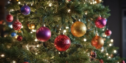 Close-up of twinkling lights, colorful ornaments, Christmas tree ,  decoration,  winter,  abstract