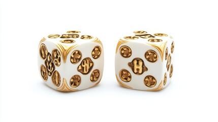 Elegant golden dice on a white background, perfect for games or tabletop adventures, showcasing strategy and chance.