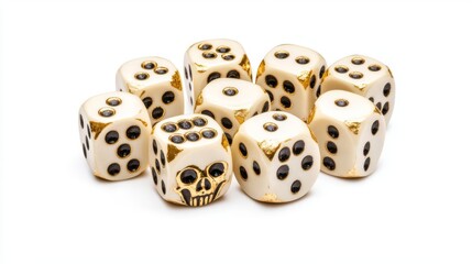 A collection of unique, decorative dice featuring skull designs, perfect for board games and collectors.