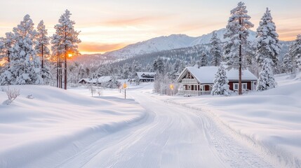 Serene winter landscape snow covered path through tranquil forest at sunrise