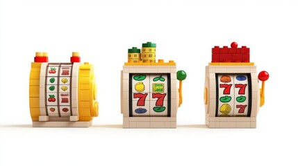 Colorful toy slot machines made from building blocks, showcasing playful designs and vibrant colors.