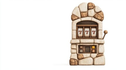 A vintage stone slot machine with three 7s displayed. A classic symbol of gambling and entertainment.