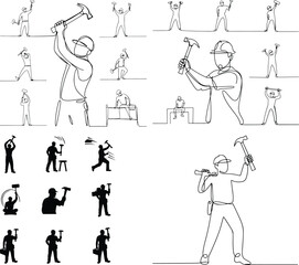 Builder with Hammer Silhouette | Construction Worker Vector Set Construction Man with Hammer | Worker Silhouette Illustration Pack
