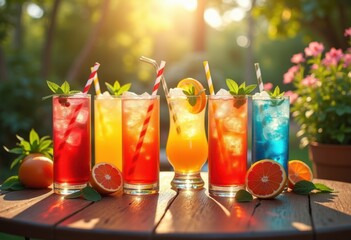 Fototapeta premium vibrant iced cocktails sunlit patio table refreshing summer drinks outdoor colors, rainbow, lgbtq, lgbt, pride, colorful, love, equality, beverage, fruit